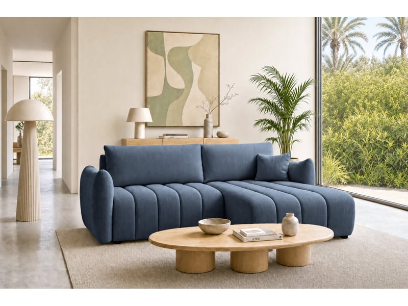 Moorea - canapé d'angle convertible petit velours côtelé 4 places bleu - Conforama B