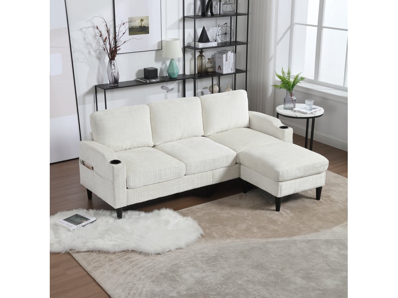  Canapé droit 4 places avec pouf coffre, porte-gobelets et poches latérales, en tissu beige, 196,5 × 75 × 77 cm  - Conforama D