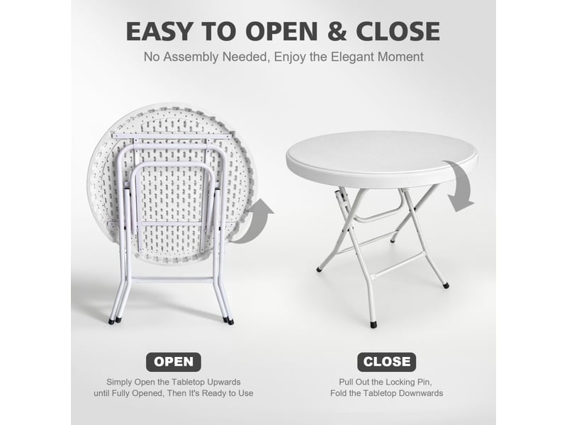  Table pliante ronde en hdpe avec piètement métallique repliable, montage sans outil, 80 cm, capacité 136 kg  - Conforama E