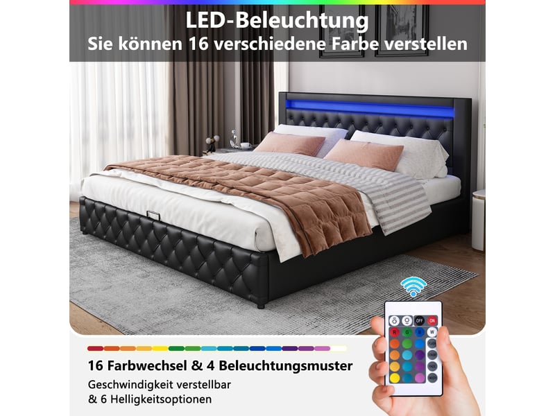 Lit coffre 160x200 avec sommier à lattes, lit tapissier noir en similicuir pu avec éclairage led et grand espace de rangement. - Conforama E