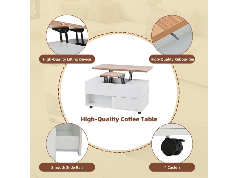  Table basse relevable extensible 100x100 cm avec 4 tiroirs et roulettes, rangement modulable, blanc et bois  - Conforama R