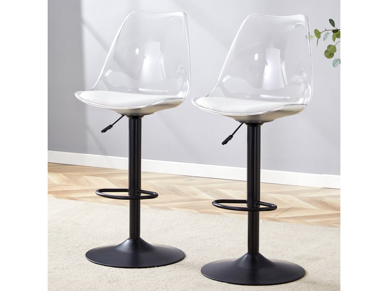  Tabouret de bar pivotant réglable en hauteur avec dossier transparent, en métal et plastique noir  - Conforama C