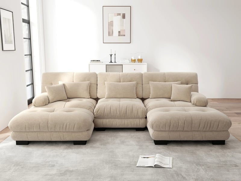  Canapé d'angle  modulaire ,3 places, avec ottoman,chenille,406 × 145 ×81cm,marron clair  - Conforama B