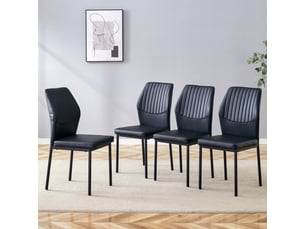 4 chaises à manger – style léger-luxe, dossier pu noir à motif vertical, pieds en métal noirs – idéal salon