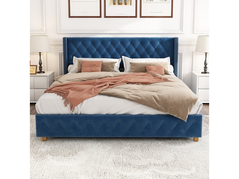  Lit adulte 160x200cm en velours avec conception des boutons et des rivets et pieds en bois,bleu lit adulte bleu - Conforama B