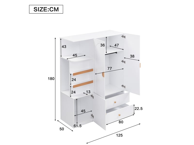  Armoire multifonction 125x50x180 cm – blanc et naturel – penderie, étagères ouvertes et 2 tiroirs de rangement  - Conforama C