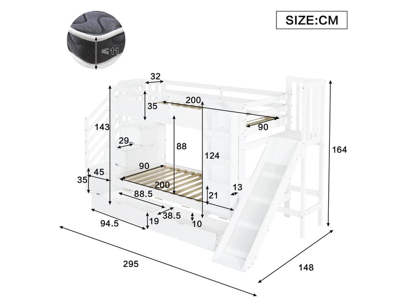 Lit superposé 90x200cm avec toboggan escalier et deux tiroirs - lit double - en bois massif blanc bibliothèque barrières de sécurité - Conforama C