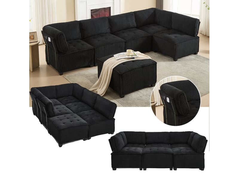  Canapé modulable 6 places convertible en couchage velours côtelé evryae  - Conforama D