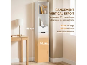 Bibliothèque étagère de rangement avec porte, 2 tiroirs, compartiments ouverts et étagère réglable, blanc, 30x24x158cm