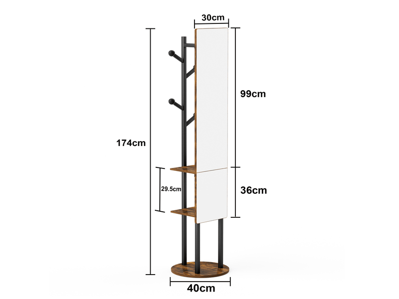  Miroir sur pied 40x174 cm pivotant 360°, porte-manteaux, meuble d'entrée et dressing, métal et panneaux, noir et marron  - Conforama C