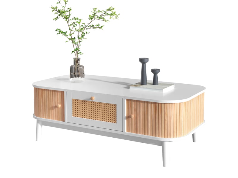  Table basse 110x55x38,5 cm avec tiroir aspect rotin et portes à lattes, pieds en bois massif, mdf, blanc et bois ABC - Conforama A