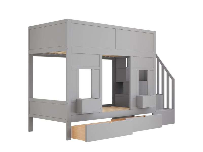  Lit superposé enfant,90x200 cm,avec escalier de rangement et tiroirs,gris  - Conforama D