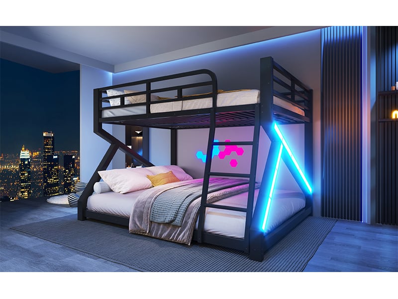 Lits superposés 140 × 200 et 160 × 200 cm, structure en métal, éclairage led, barrières et échelle, sans matelas, noir - Conforama B
