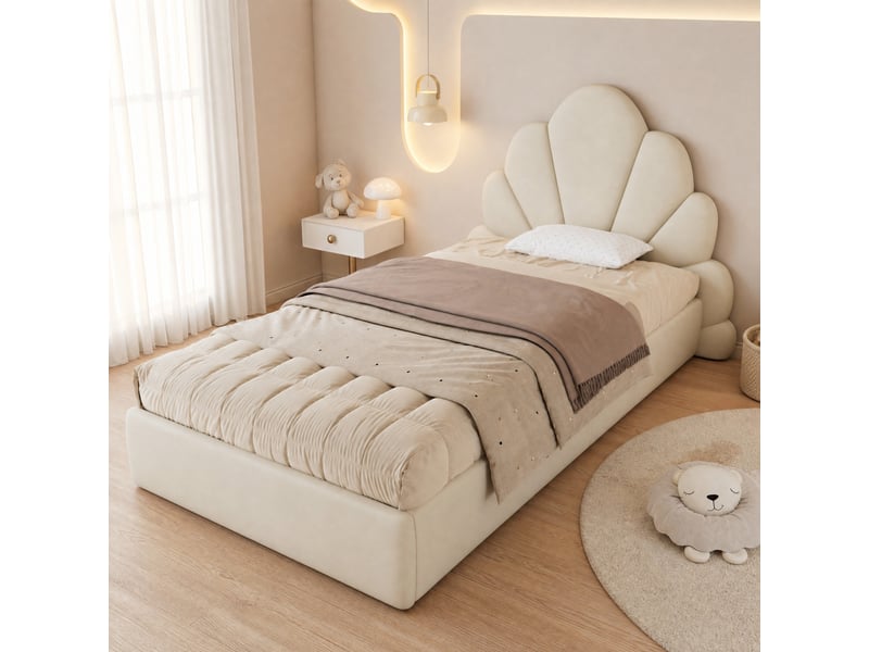  Lit simple capitonné 90x200 cm en velours beige à tête de lit pétales  - Conforama B