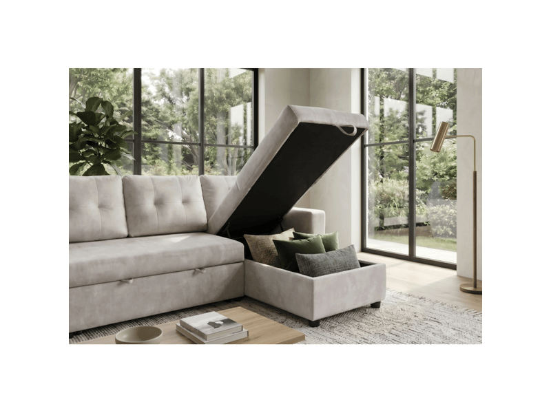  Canapé d'angle caldero convertible 3 places avec coffre – beige champagne – 202 x 90 x 150 cm  - Conforama D