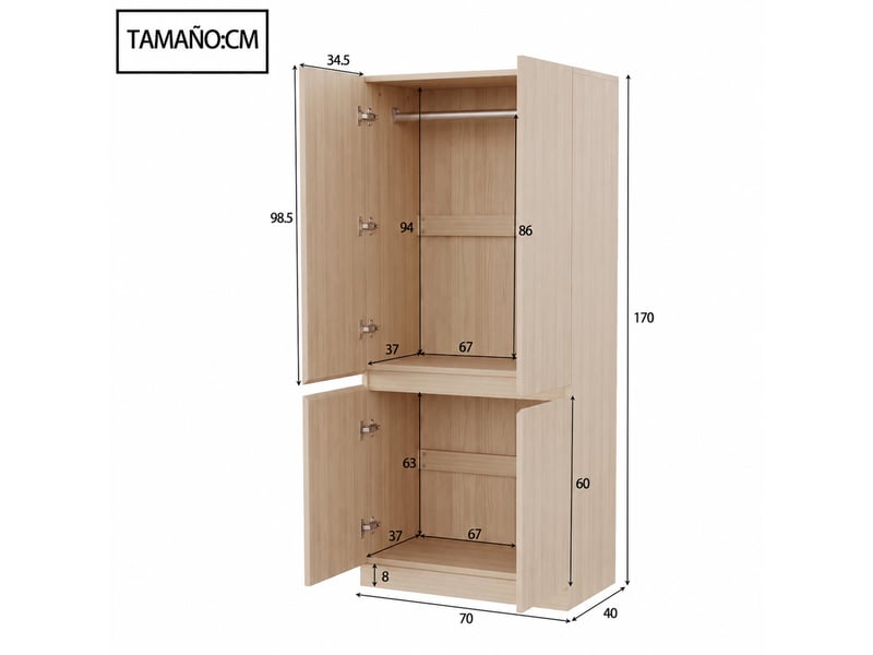 Armoire avec 2 portes et grand espace de rangement pour chambre, style moderne, en bois, 70×40×170 cm, bois naturel - Conforama E