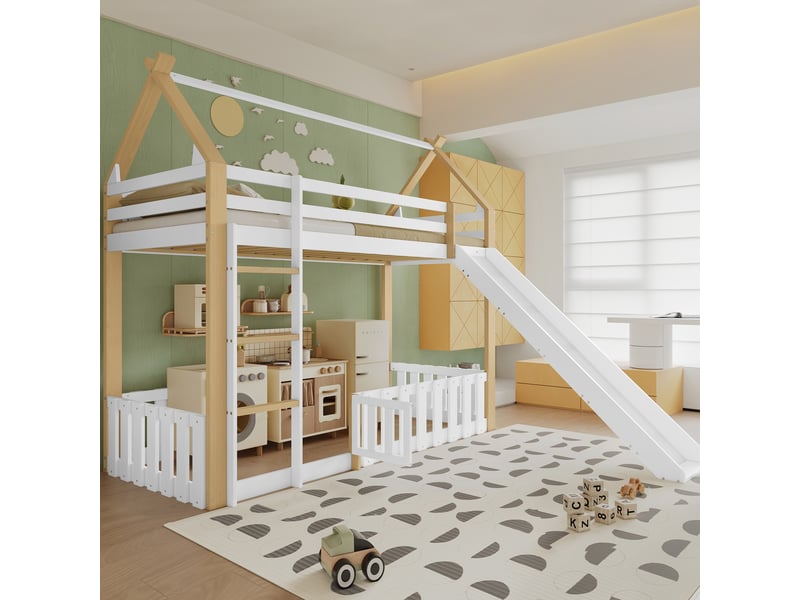  Lit mezzanine 90x200 cm - lit combiné enfant avec toboggan, échelle et barrière de sécurité - avec rangement - bois blanc et naturel  - Conforama D