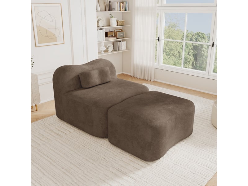  Fauteuil avec pouf - 96x167x70 cm - chauffeuse méridienne modulable velours, mousse 32d sans structure rigide 350kg - marron  - Conforama C