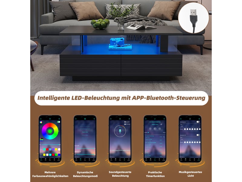 Table basse led noire en acrylique - double plateau, rangement bluetooth  - Conforama D