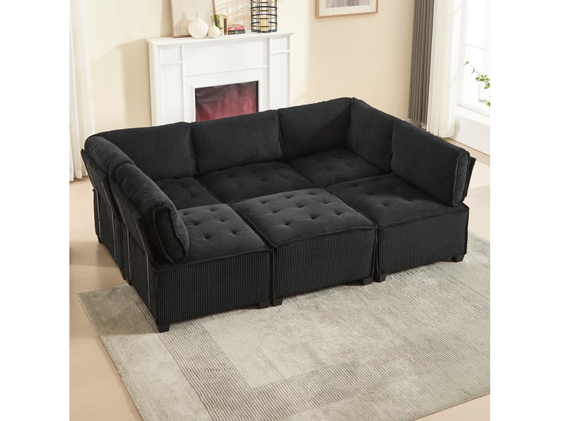  Canapé d'angle 6 pl 308x154x82cm, canapé convertible avec poches de rangement, accoudoir, velours+mousse, noir  - Conforama C