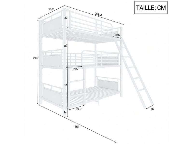  Lit superposé en métal, lit 3 places modulable avec 2 échelles et garde-corps, 90x200 cm, sans matelas, blanc  - Conforama D