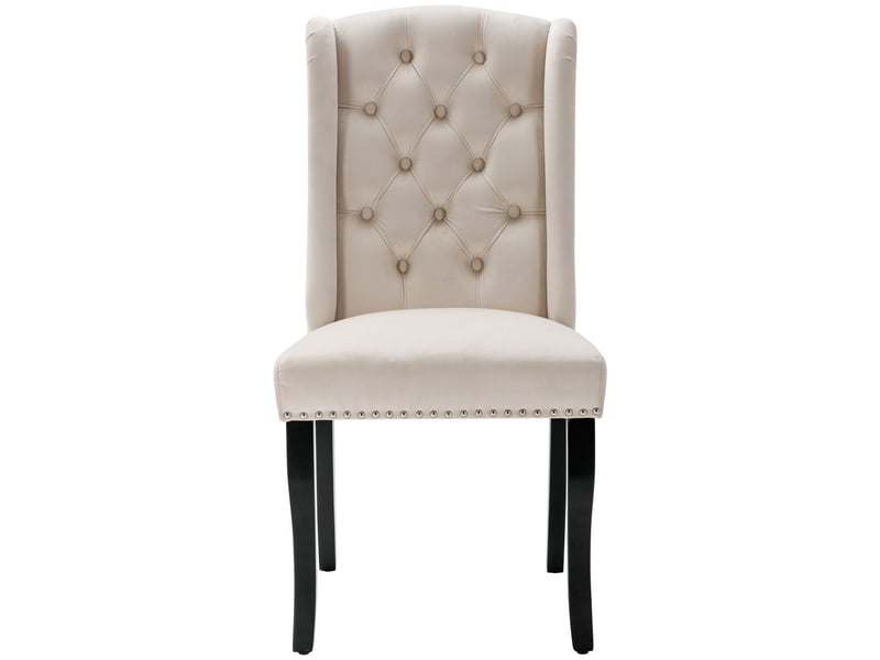  Chaise de salle à manger lot de 6, velours beige chaise rembourrée, pieds en chêne, dossier capitonné, heurtoir chromé, clous tapissiers  - Conforama E