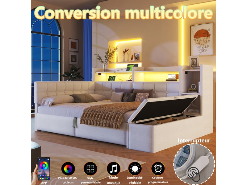 Lit coffre hydraulique 140x200 cm avec led multicolore, usb et usb-c et banc coffre, velours blanc, sans matelas  - Conforama D