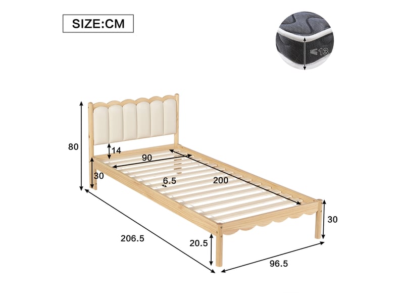  Lit enfant 90x200 cm avec tête de lit rembourrée en pu et sommier à lattes beige  - Conforama C