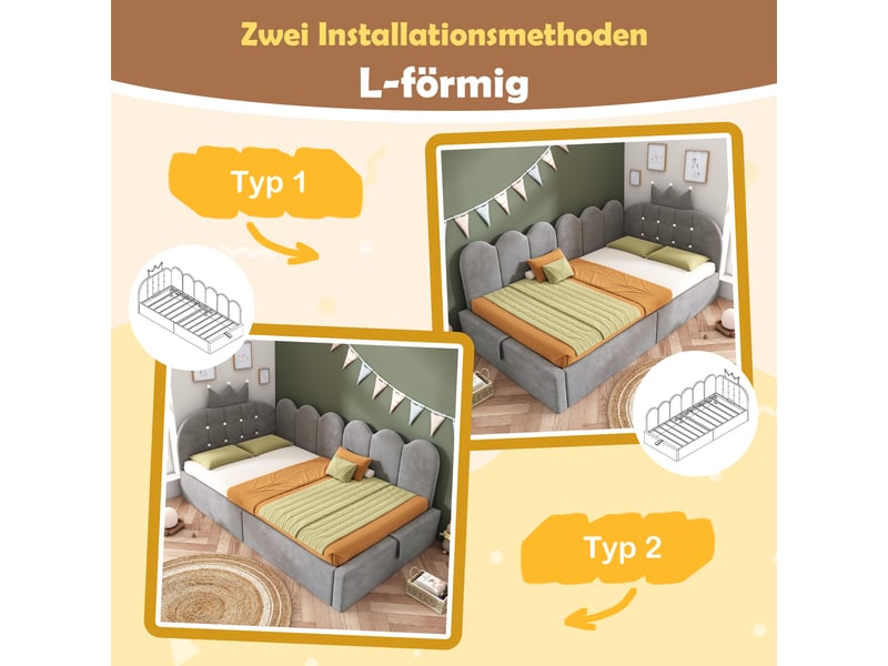  Canapé-lit pour enfant 90 x 200 cm, avec rangement hydraulique, en velours, gris  - Conforama W