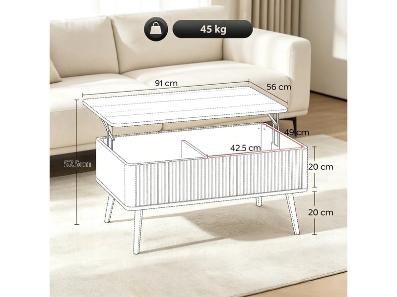  Table basse relevable avec 2 compartiments cachés, plateau surélevé, style moderne, en mdf et bois, chêne  - Conforama D