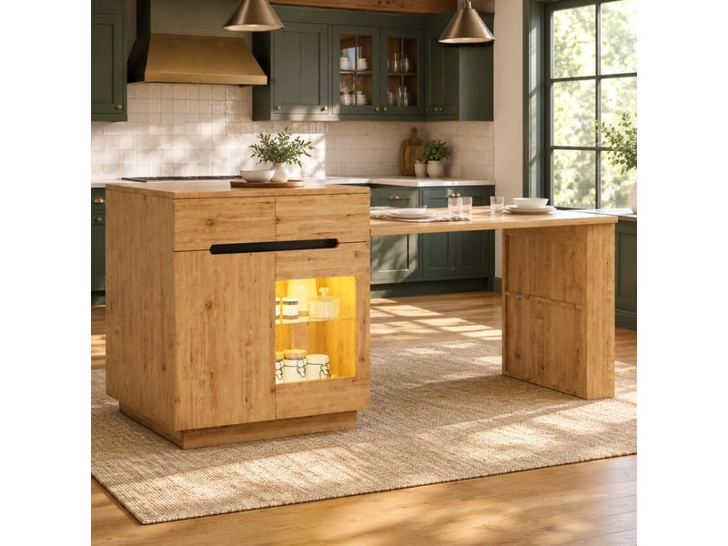 Îlot de cuisine avec table extensible et éclairage led, aspect chêne - Conforama B