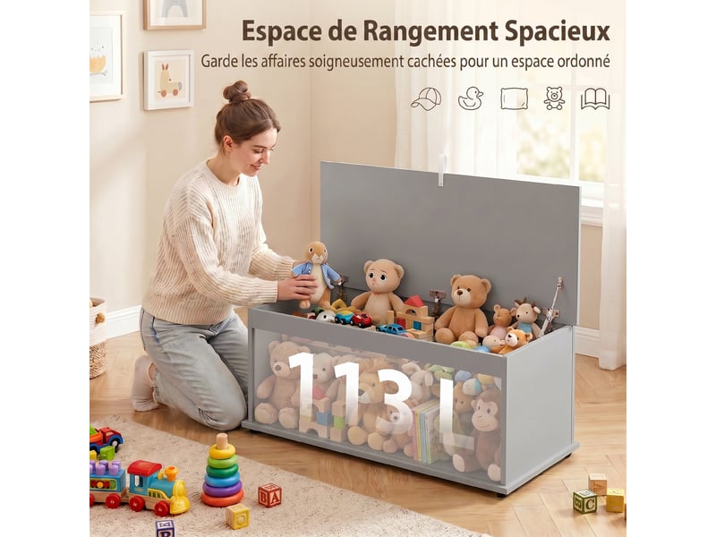 Coffre de rangement, banc de rangement avec couvercle rabattable et charnières de sécurité, gris, 100 x 40 x 40 cm - Conforama A
