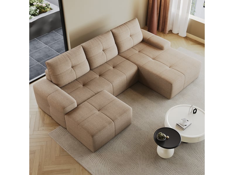  Canapé d’angle 3 places compressé 262x172x82cm, canapé en l, pouf inclus, mousse haute élasticité, tissu - kaki CozyNest - Conforama E