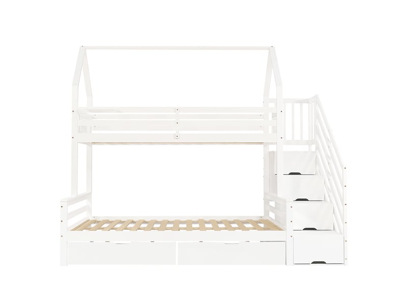  Lit superposé enfant 90x200 cm et 140x200 cm, lit cabane avec escalier de rangement et 2 tiroirs de lit, bois de pino et mdf, blanc  - Conforama D
