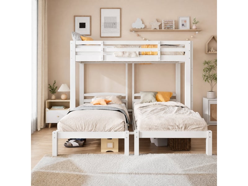 Lit superposé 3 places en bois massif, lit avec échelle latérale et rangement, 90x200 cm, sans matelas, blanc - Conforama B