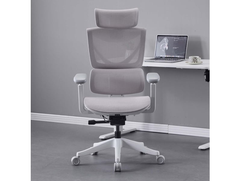  Chaise de bureau ergonomique grise en maille, réglage à trois boutons et soutien lombaire pour travail quotidien  - Conforama B