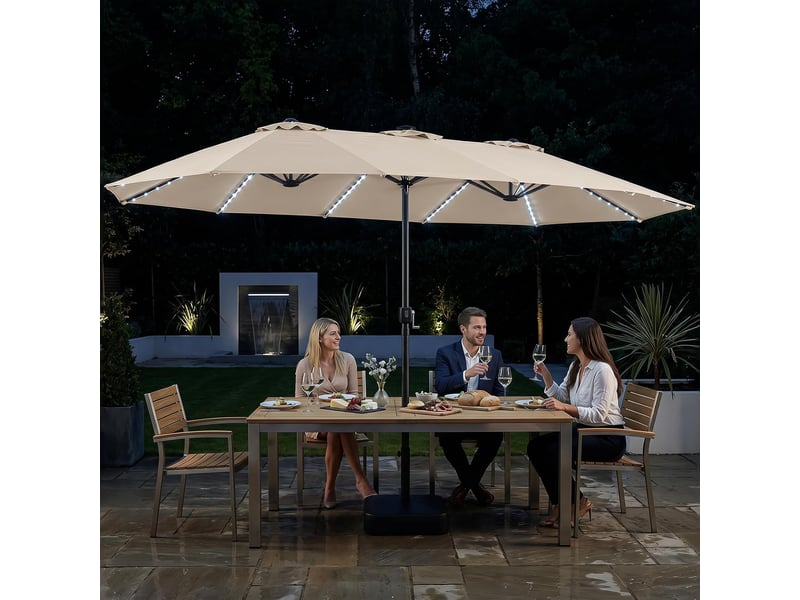  Parasol double à 12 baleines (beige, 4,36 x 2,58 m, avec pied et led) | parasol rectangulaire avec manivelle, 144 led solaires, 12 modes  - Conforama C
