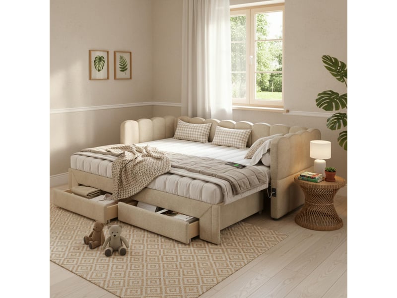  Lit rembourré 90x200 cm, lit de jour avec 2 tiroirs de rangement, canapé-lit a extensible à 180 cm, chenille beige, avec prise usb  - Conforama E