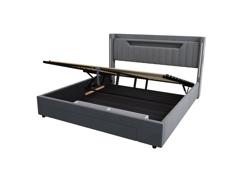  Lit coffre double 160x200 cm, rangement avec tiroirs, revêtement velours gris (sans matelas)  - Conforama D