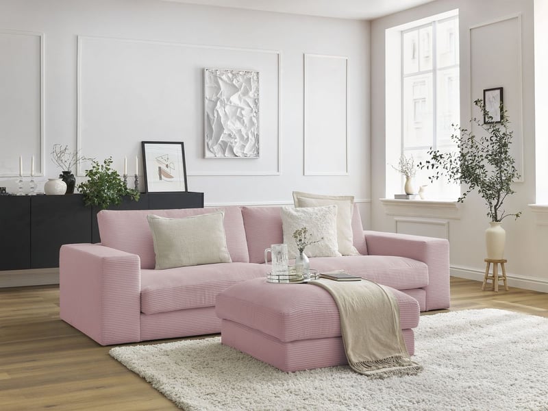 Bobochic canapé droit fixe 3 places leonard velours côtelé avec pouf violet LEONARD - Conforama B