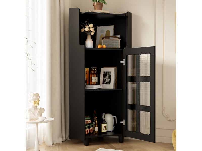  Commode d'angle noire avec surface vernie &amp; éclairage led contrôlé par application – meuble d'angle moderne pour salon, bibliothèque ou salle de bain (63.5*124 cm)  - Conforama B