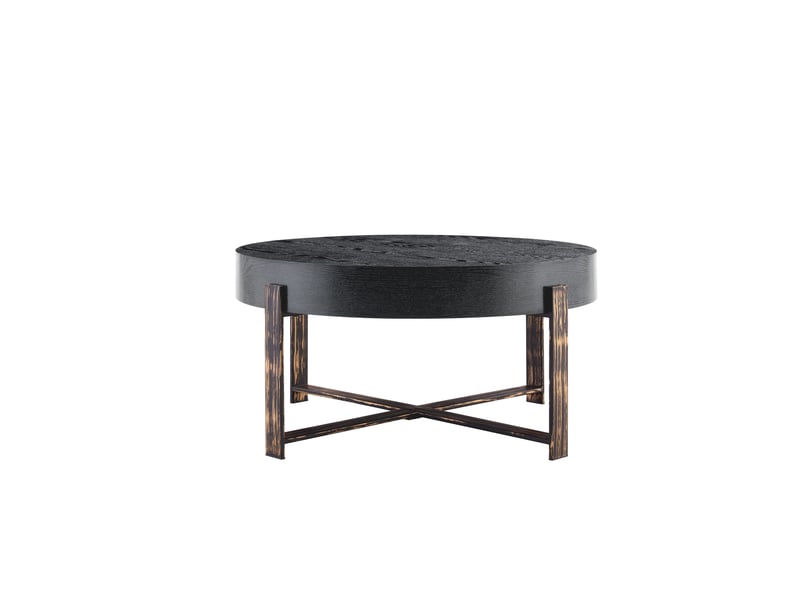  Table basse ronde avec plateau épais effet bois et piètement croisé en métal pour salon, 68 × 36 cm, noir  - Conforama A