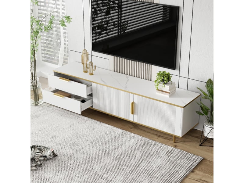  Meuble tv blanc, meuble tv bas à texture sculptée, poignées et pieds dorés, avec structure en marbre  - Conforama B