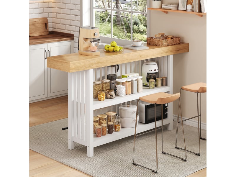 Table de bar 160x40x105 cm avec étagères et repose-pieds blanche - Conforama D