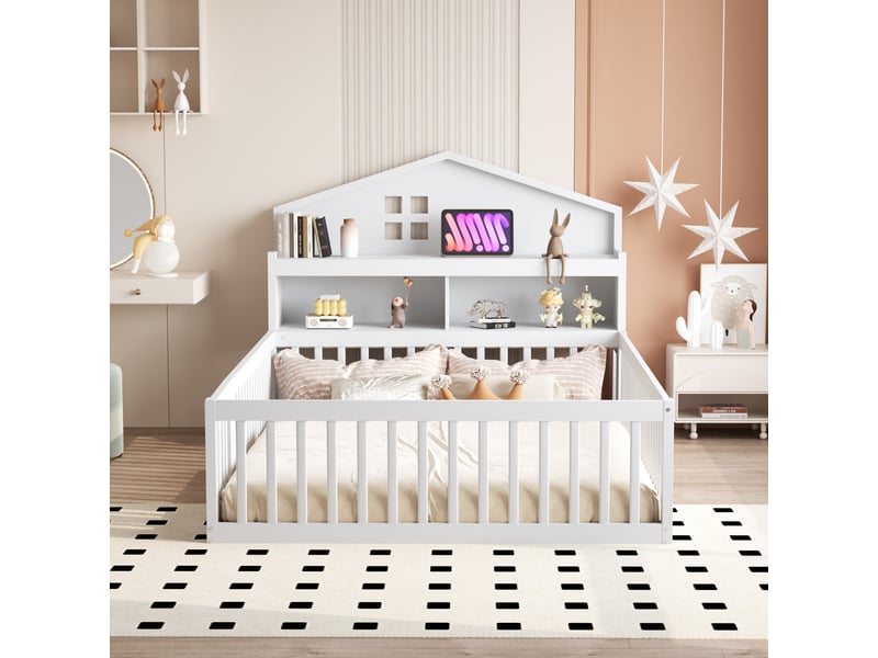  Lit enfant 140x200 cm avec étagère, tableau noir, garde-corps et sommier, forme de maison, bois blanc, sans matelas  - Conforama B