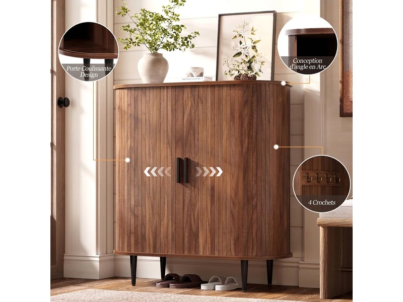  Buffet d'entrée avec portes coulissantes, meuble de rangement avec 4 crochets, effet bois, 85x40x93 cm  - Conforama E