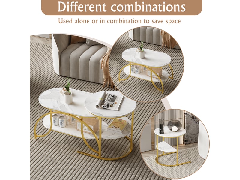  Table basse de salon , lot de 2 tables basses gigognes , pieds en métal , table d'appoint en marbre ,doré , ronde,80 x 46 x 45 cm  - Conforama R