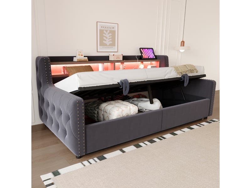 Lit canapé en velours gris 90 x 200 cm - Conforama D