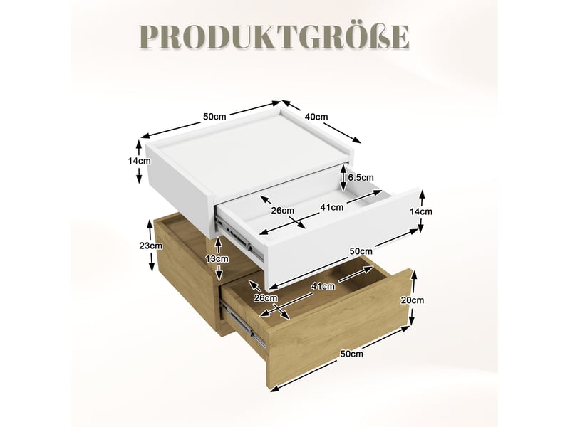  Table de chevet led avec charge sans fil, 2 tiroirs et rangement double niveau, pour chambre, bois naturel, 50 × 40 × 50 cm  - Conforama D