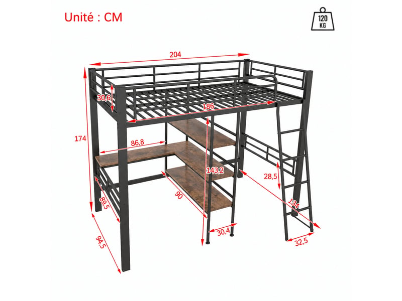  Lit mezzanine enfant 90 x 200 cm avec bureau et étagères, structure en métal noir, échelle et garde-corps  - Conforama C